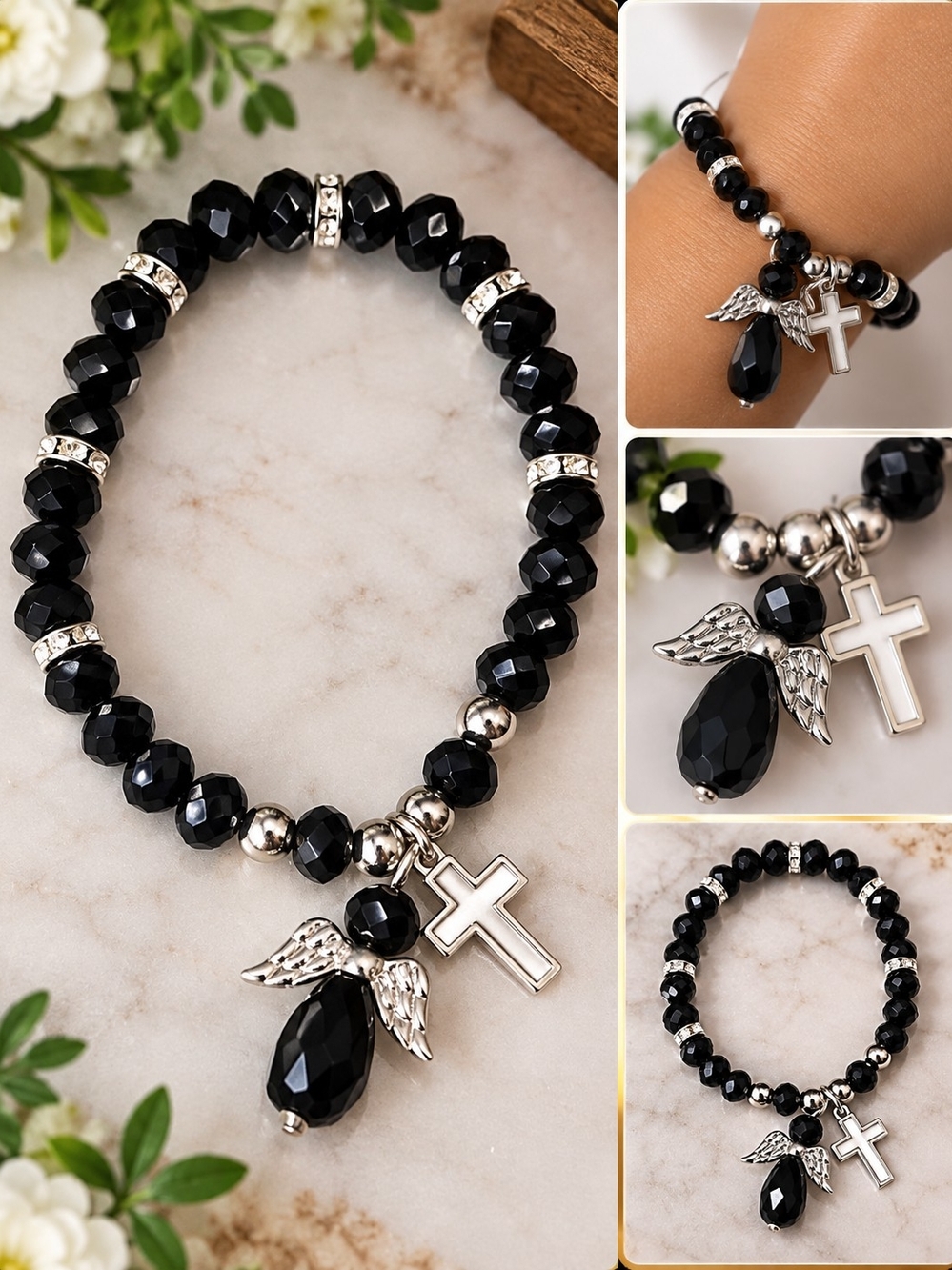 Black Beaded Angel & Cross Charm Bracelet